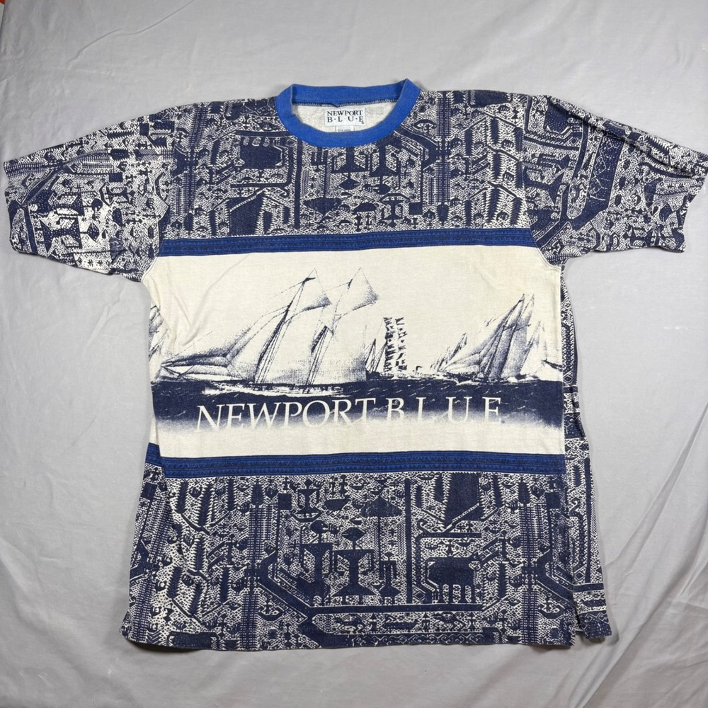 Vintage 90s Newport Blue T Shirt M Sailboat Yacht All Over Print Nautical Korea
